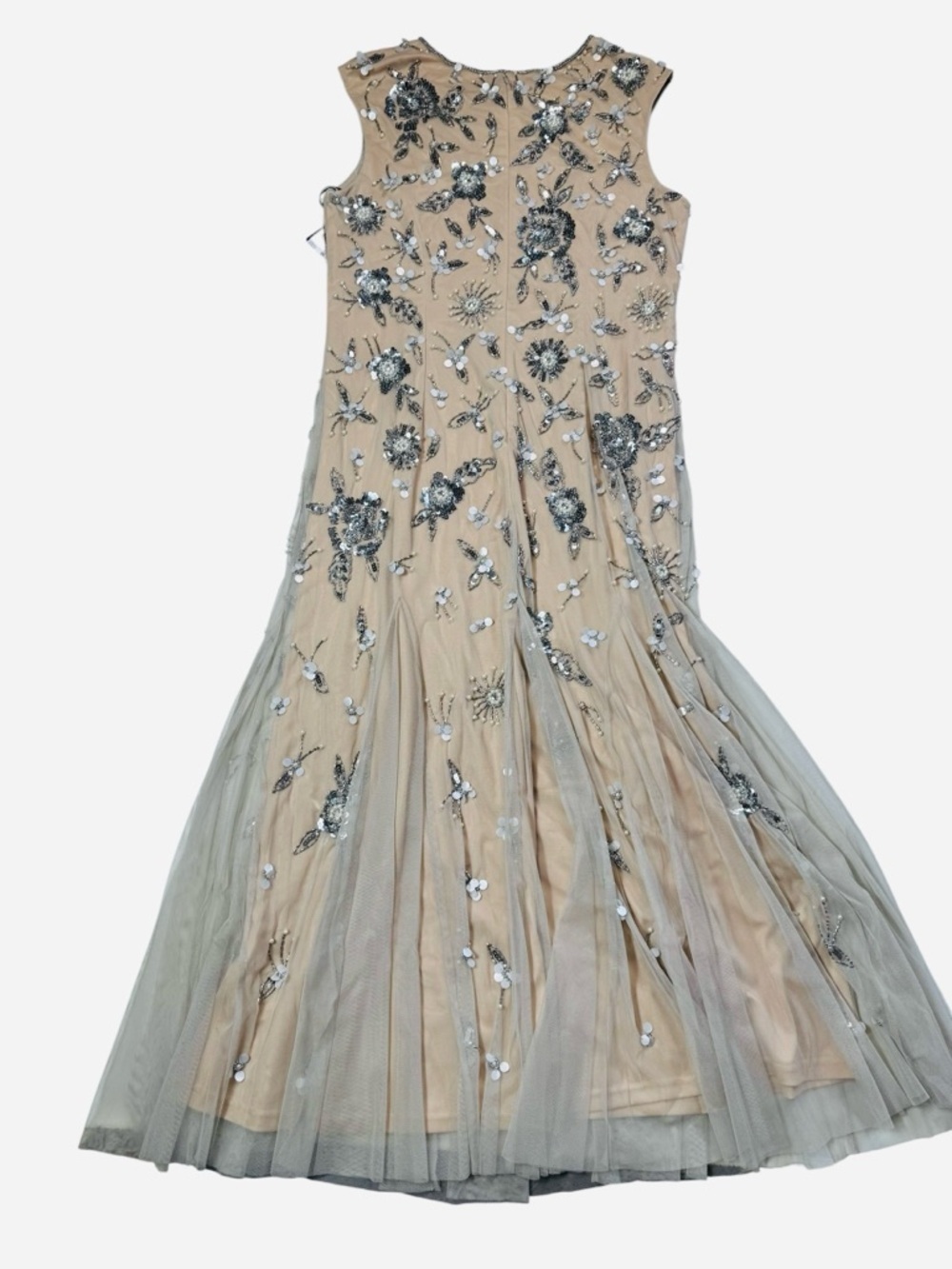 NWT New $299 Adrianna Papell Floral Beaded Ankle Length Gown In Silver Nude 14 - Picture 3 of 9